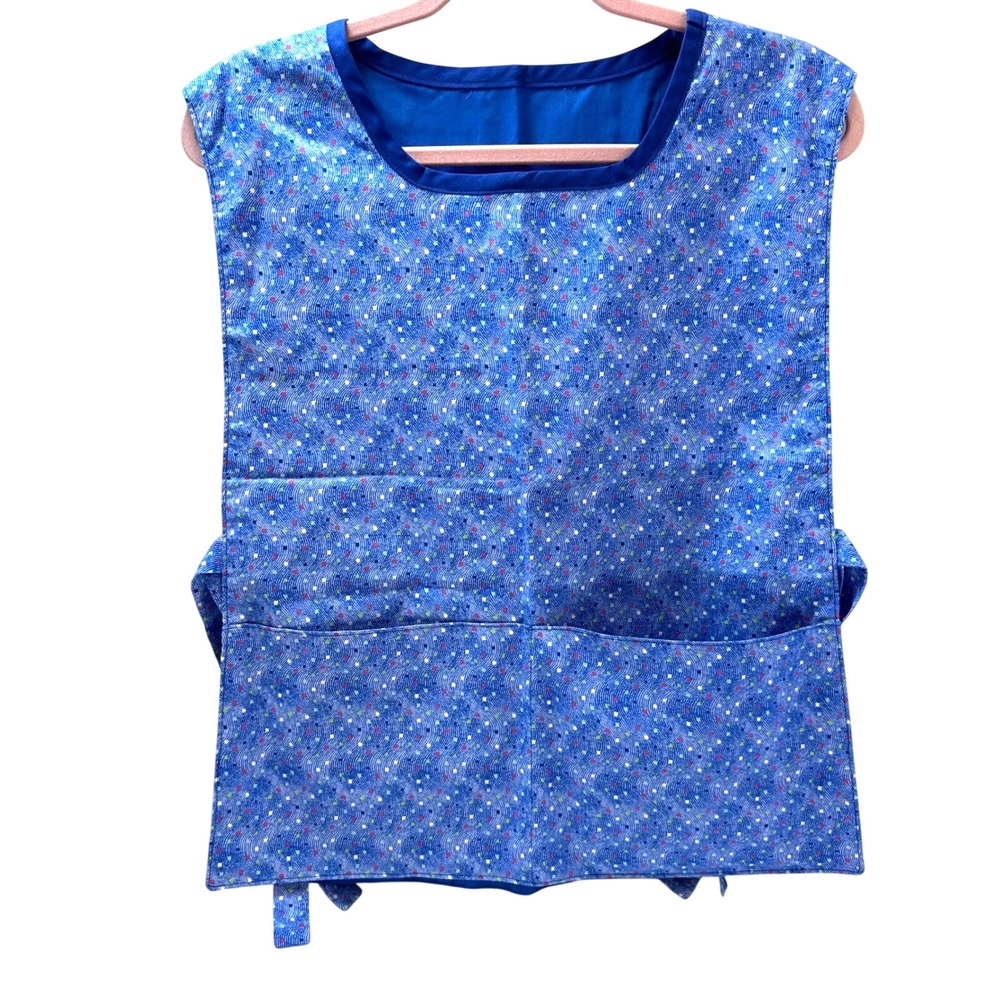 Handmade Blue Geometric Print Tabard Cobbler Apron Side Tie Pockets Craft Smock